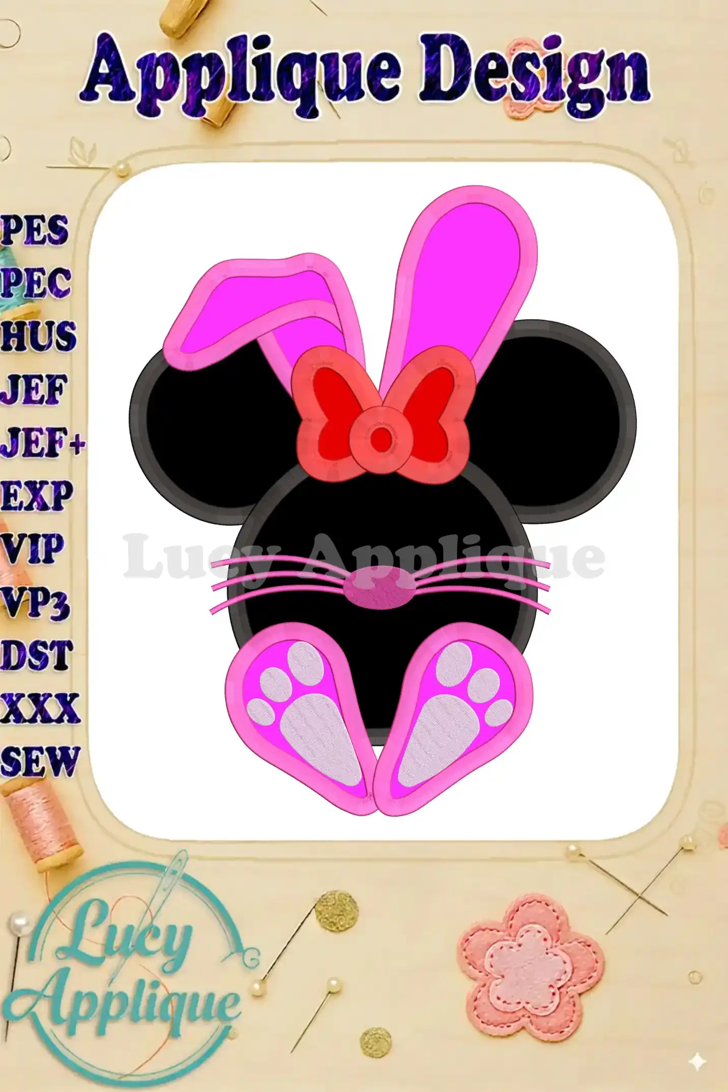 Minnie Mouse dressed as an Easter bunny, applique embroidery design. Pink ears, bow, and paws on a black base. Various embroidery file formats included.