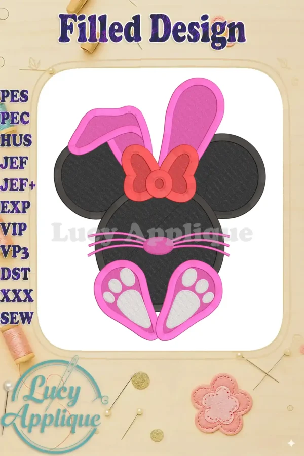 Minnie Mouse dressed as an Easter bunny, in pink and black, with big ears and a bow. Machine embroidery design.