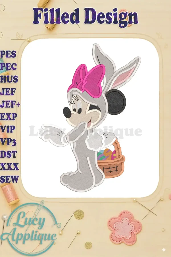 Minnie Mouse dressed as an Easter bunny, carrying a basket of eggs. A filled stitch embroidery design, perfect for Easter crafts.