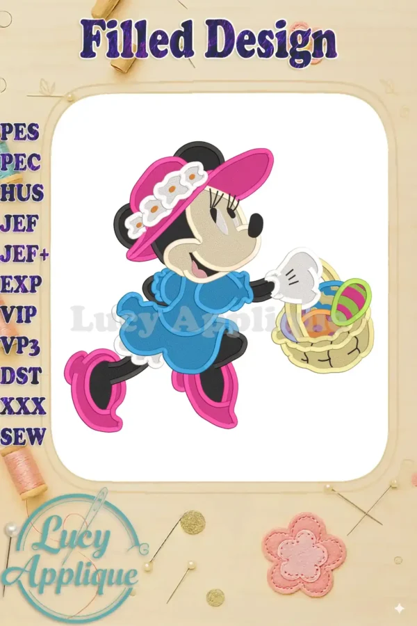 Minnie Mouse in a pink hat and blue dress, carrying an Easter basket, in a filled embroidery design. Perfect for Easter crafts and projects!