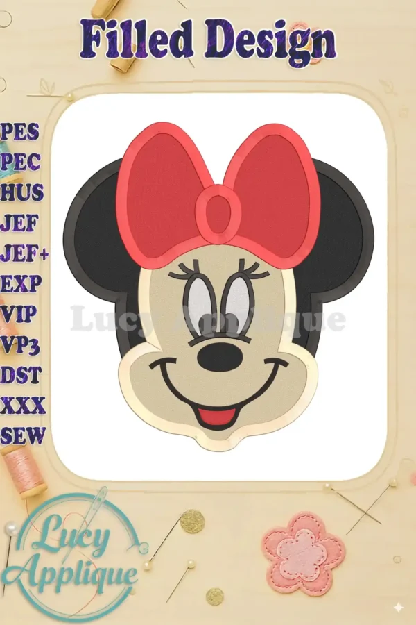 Minnie Mouse filled embroidery design. Features a charming depiction of Minnie, complete with her signature bow and bright eyes. Perfect for apparel or home decor.