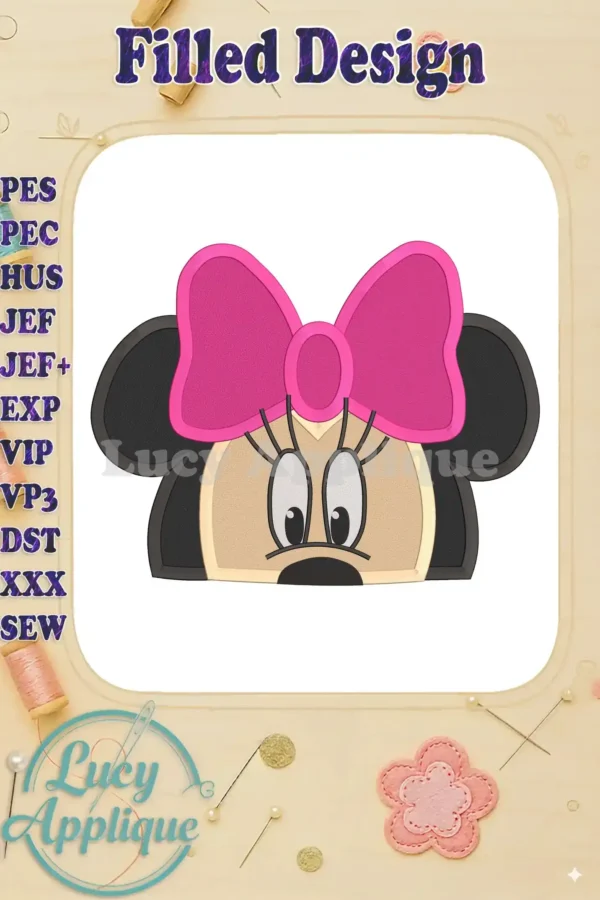 Minnie Mouse face embroidery design with a pink bow, ready to be stitched. The design is shown on a white background with a decorative border.