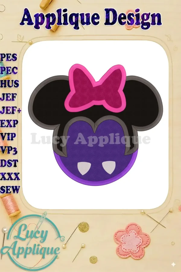 Minnie Mouse Halloween applique embroidery design in purple and pink, showcasing her iconic ears and bow. The design is presented on a white background with various file format options listed.
