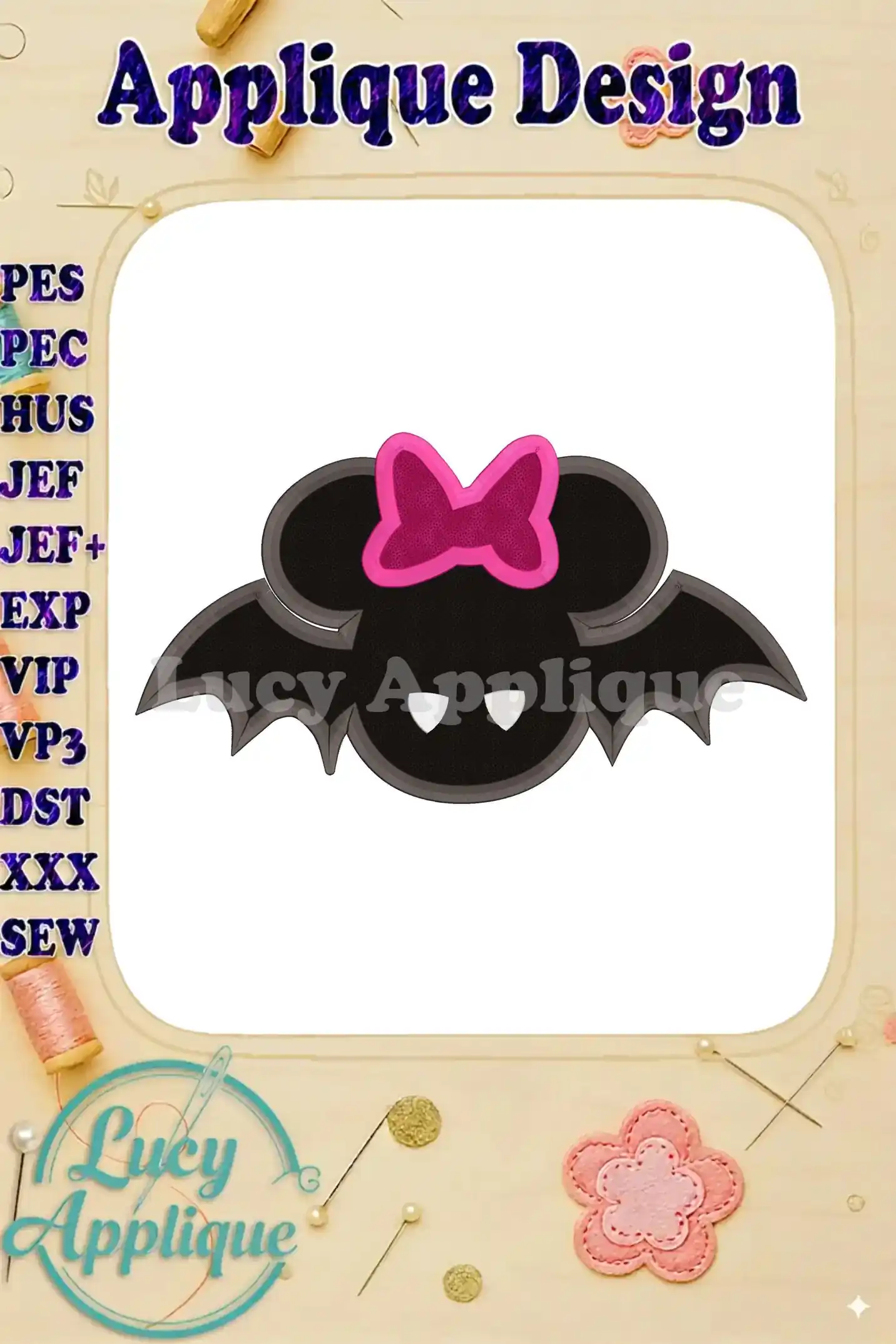 Minnie Mouse Halloween bat applique design in black and pink, with bat wings and signature bow. Various machine embroidery formats included.