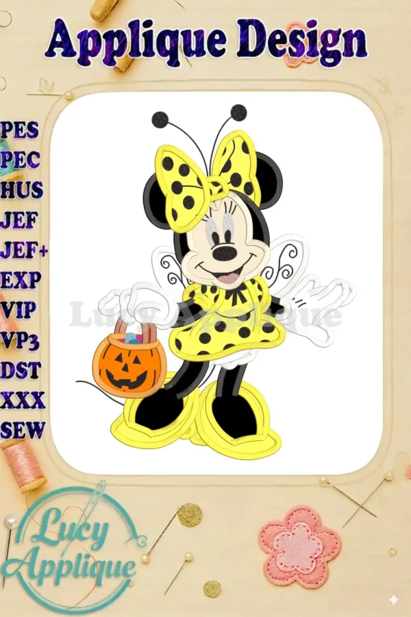 Minnie Mouse dressed as a bee for Halloween, holding a pumpkin basket. This applique design is available in multiple formats like PES, HUS, JEF, etc.