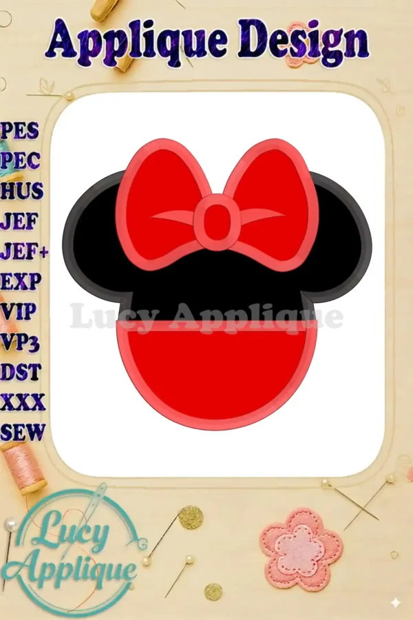 Minnie Mouse head applique embroidery design in red and black, with a large red bow. Includes various file formats for popular embroidery machines.
