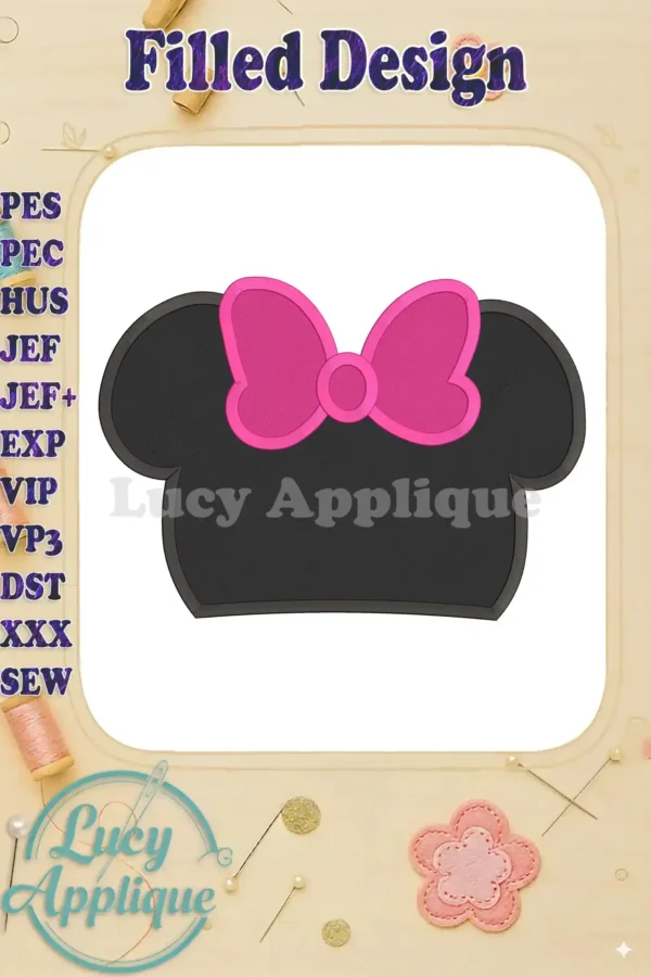 Minnie Mouse head applique embroidery design in black and pink, showcasing a filled design style with a detailed bow. Ideal for apparel or home decor.