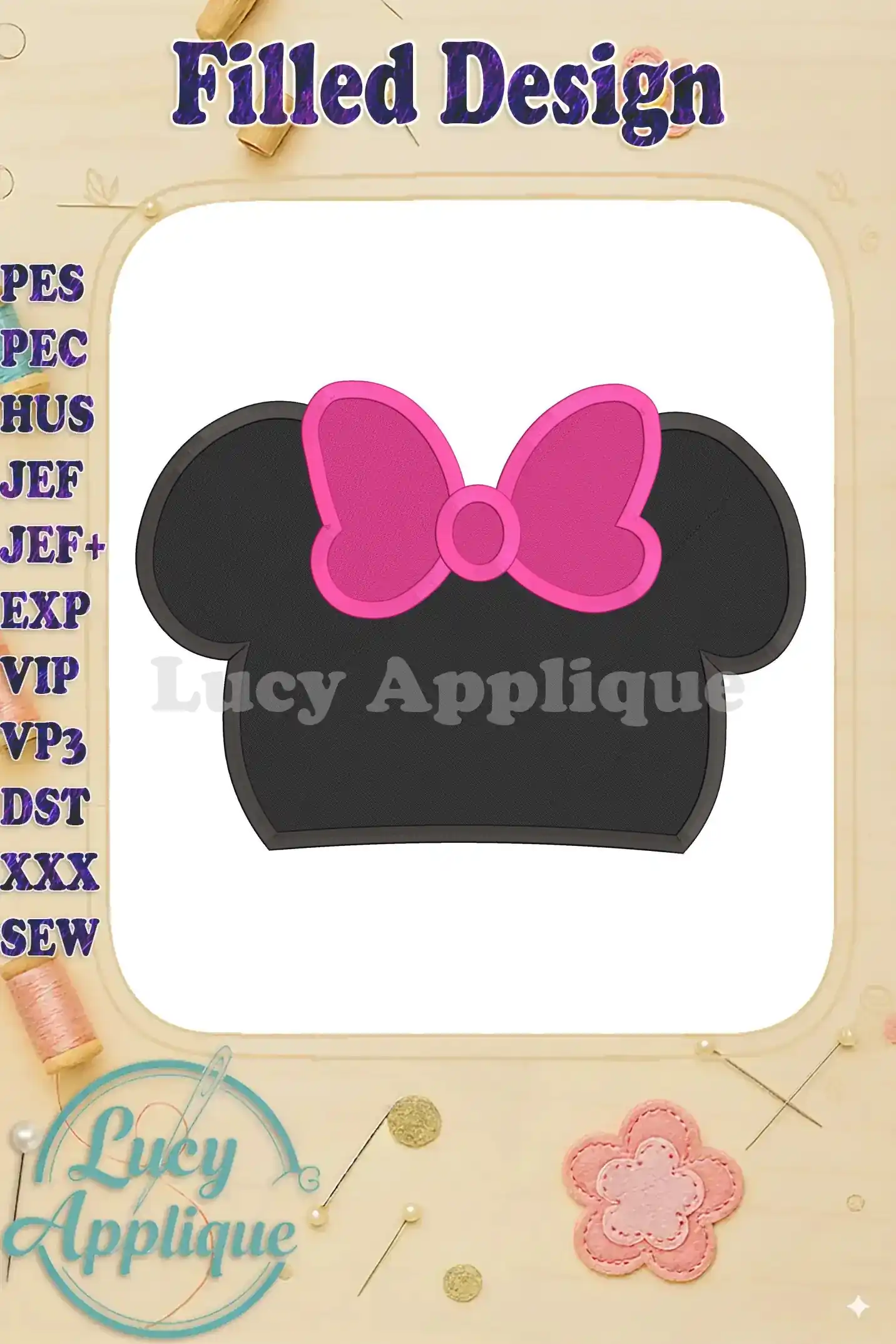 Minnie Mouse head applique embroidery design in black and pink, showcasing a filled design style with a detailed bow. Ideal for apparel or home decor.