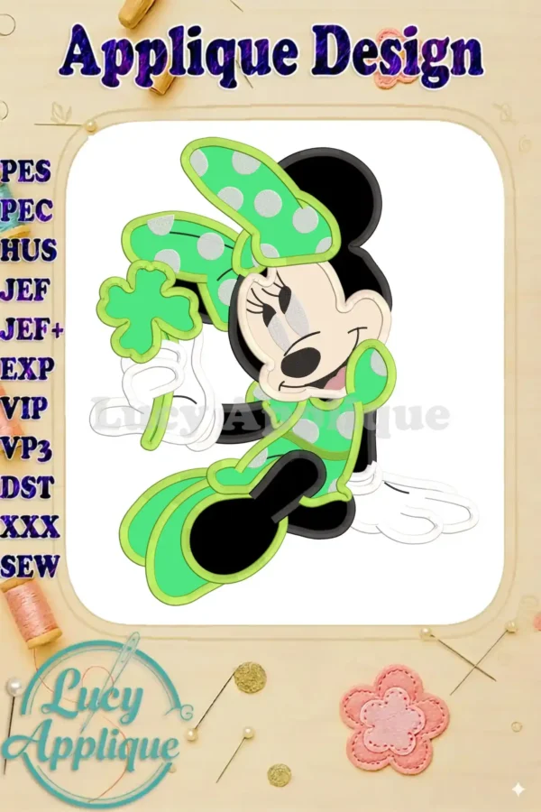 Minnie Mouse in a St. Patrick's Day outfit, holding a four-leaf clover. Applique design in green and white polka dots. Perfect for embroidery projects.