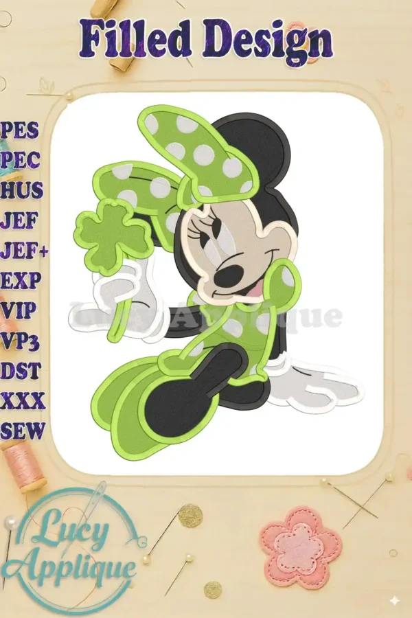 Minnie Mouse in a St. Patrick's Day outfit, holding a four-leaf clover. A filled embroidery design with green and white accents. Perfect for creating festive apparel or home decor.