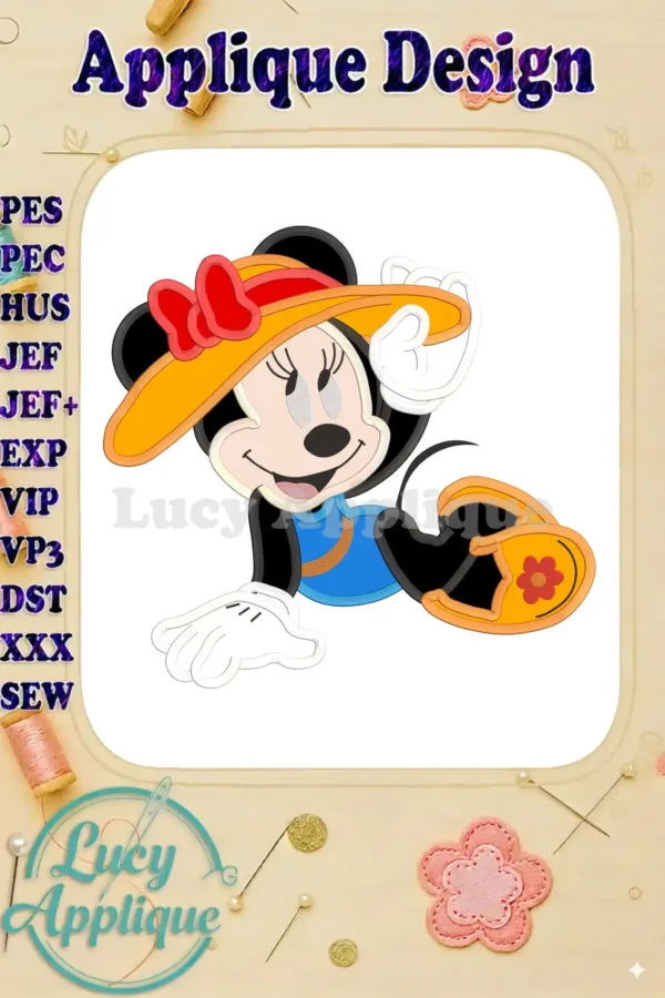 Minnie Mouse summer applique design in a whimsical pose, wearing a sun hat and sandals. The design is presented on a white background, surrounded by decorative elements.