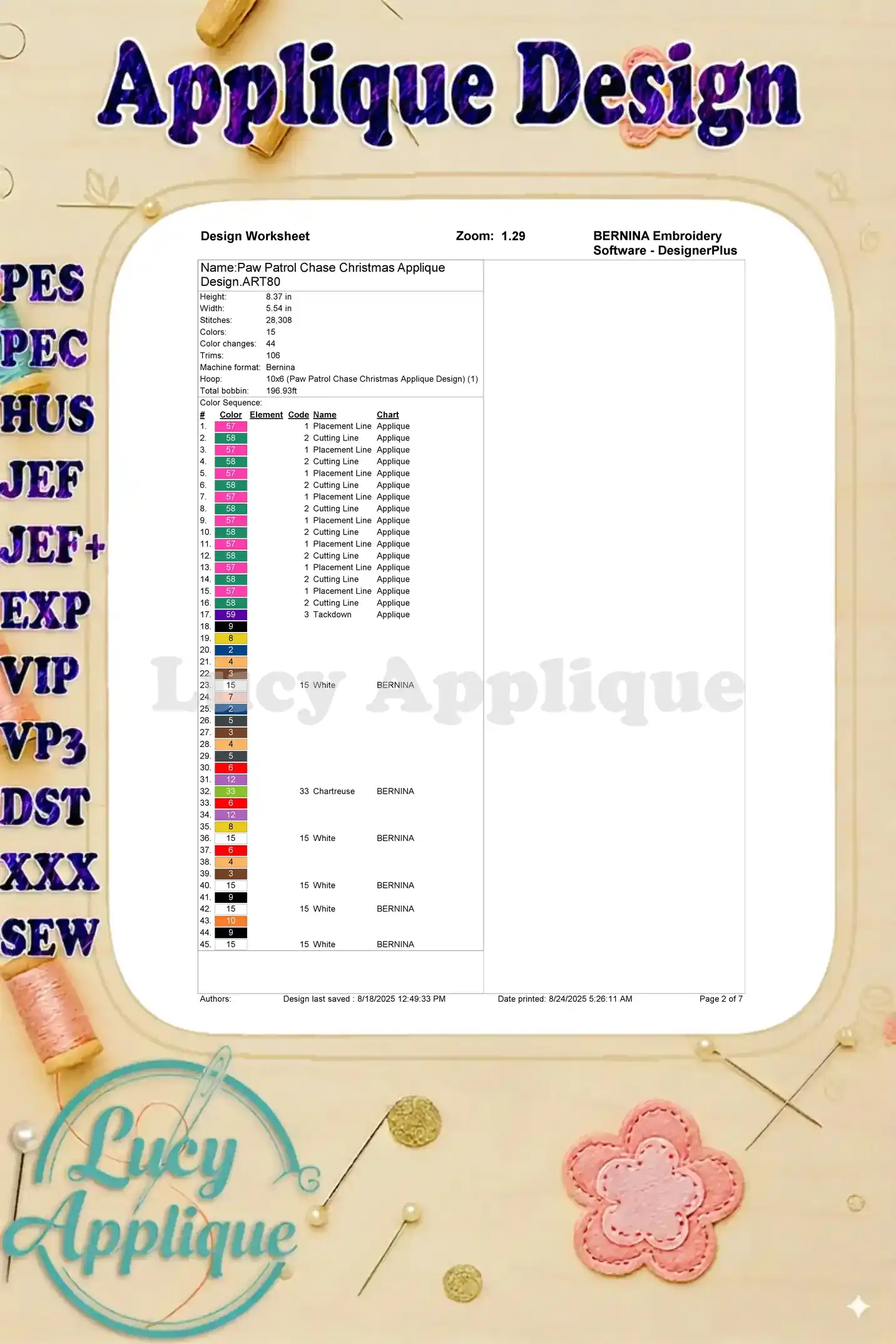 Design worksheet for the Paw Patrol Chase Christmas applique, showing color chart, stitch details, and software information.