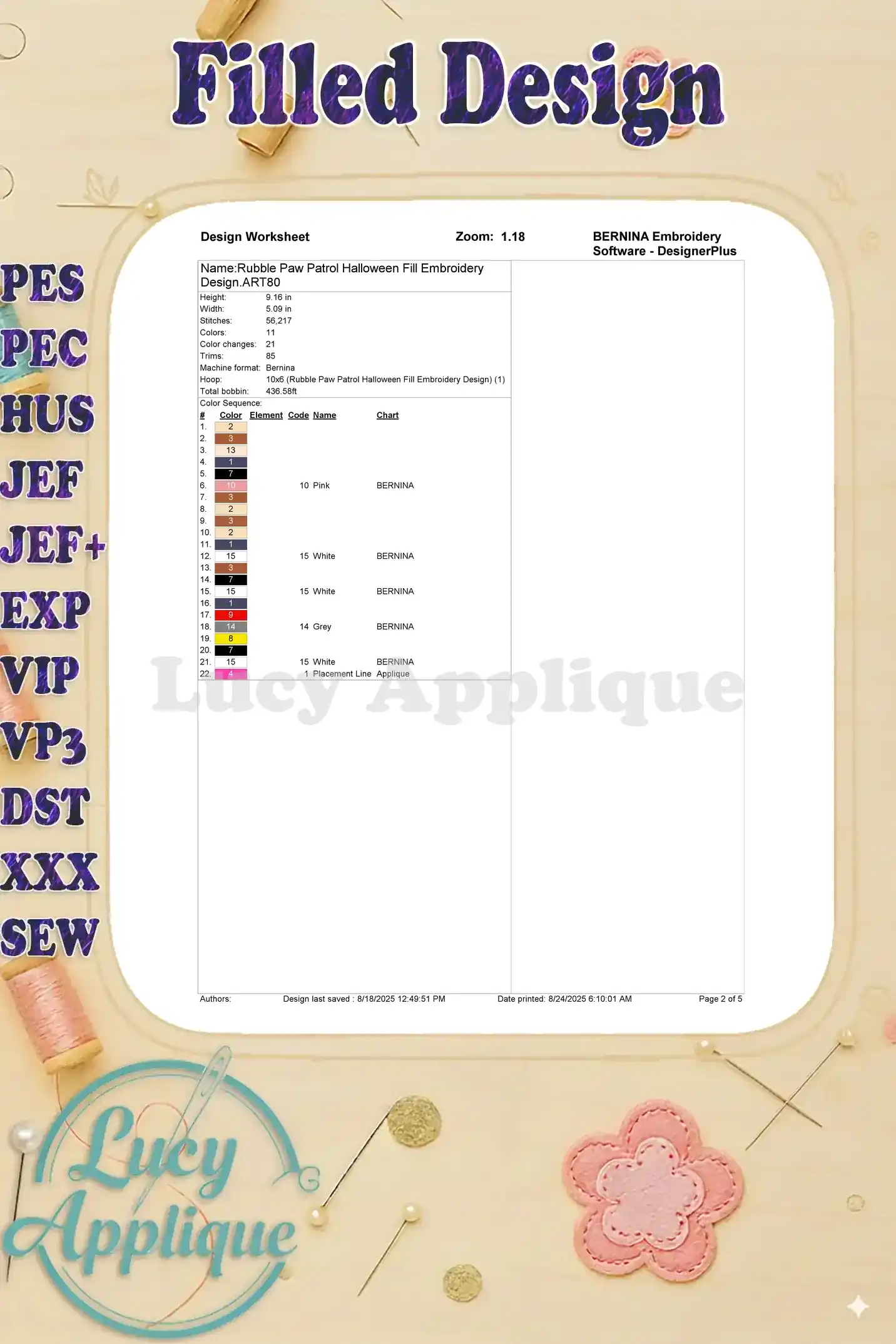 A worksheet showing the color chart and details for the Rubble Halloween embroidery design. Includes thread numbers and Bernina software details.