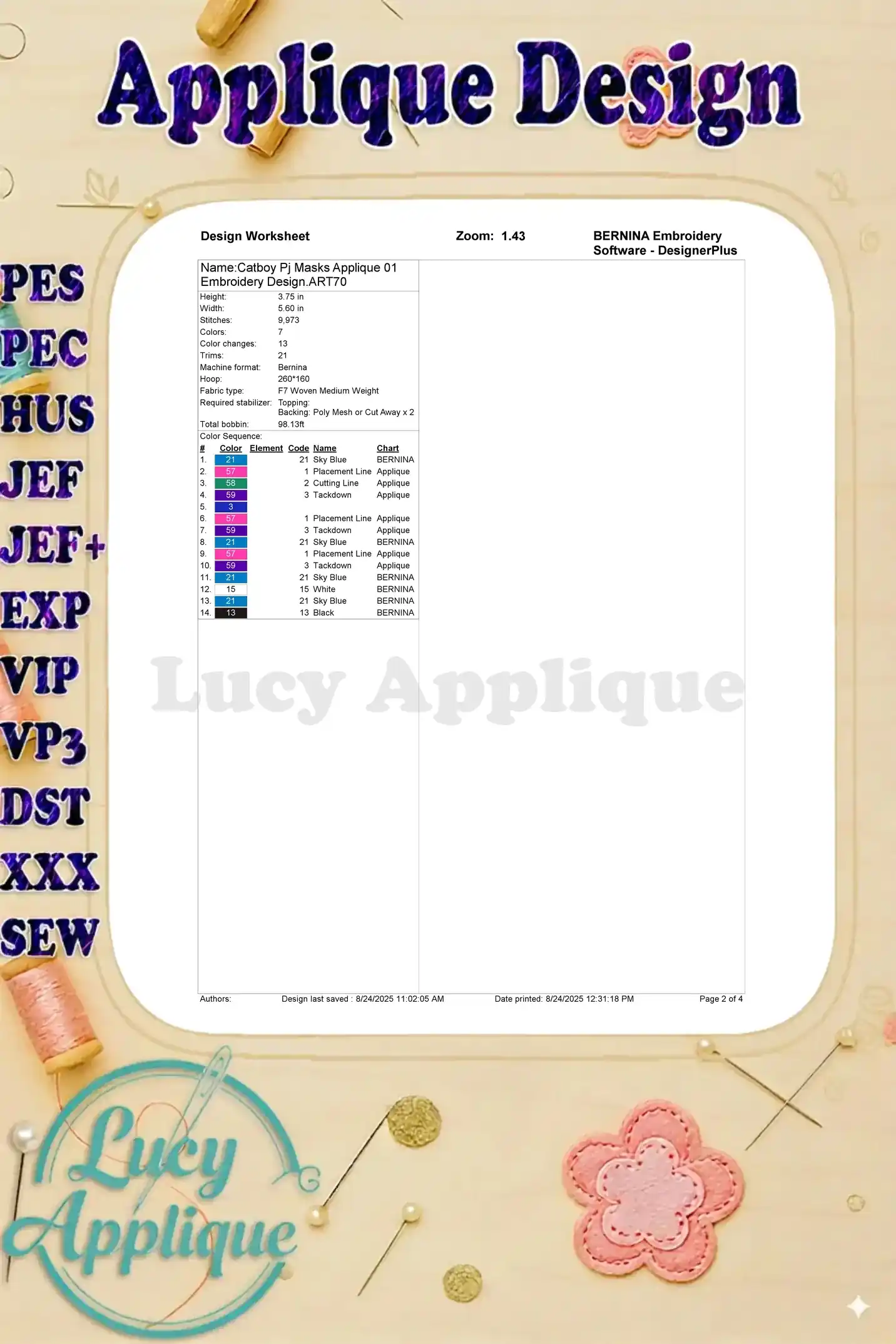 Design worksheet for the Catboy Pj Masks applique embroidery. Details include stitch count, color chart, and machine settings for BERNINA embroidery software.