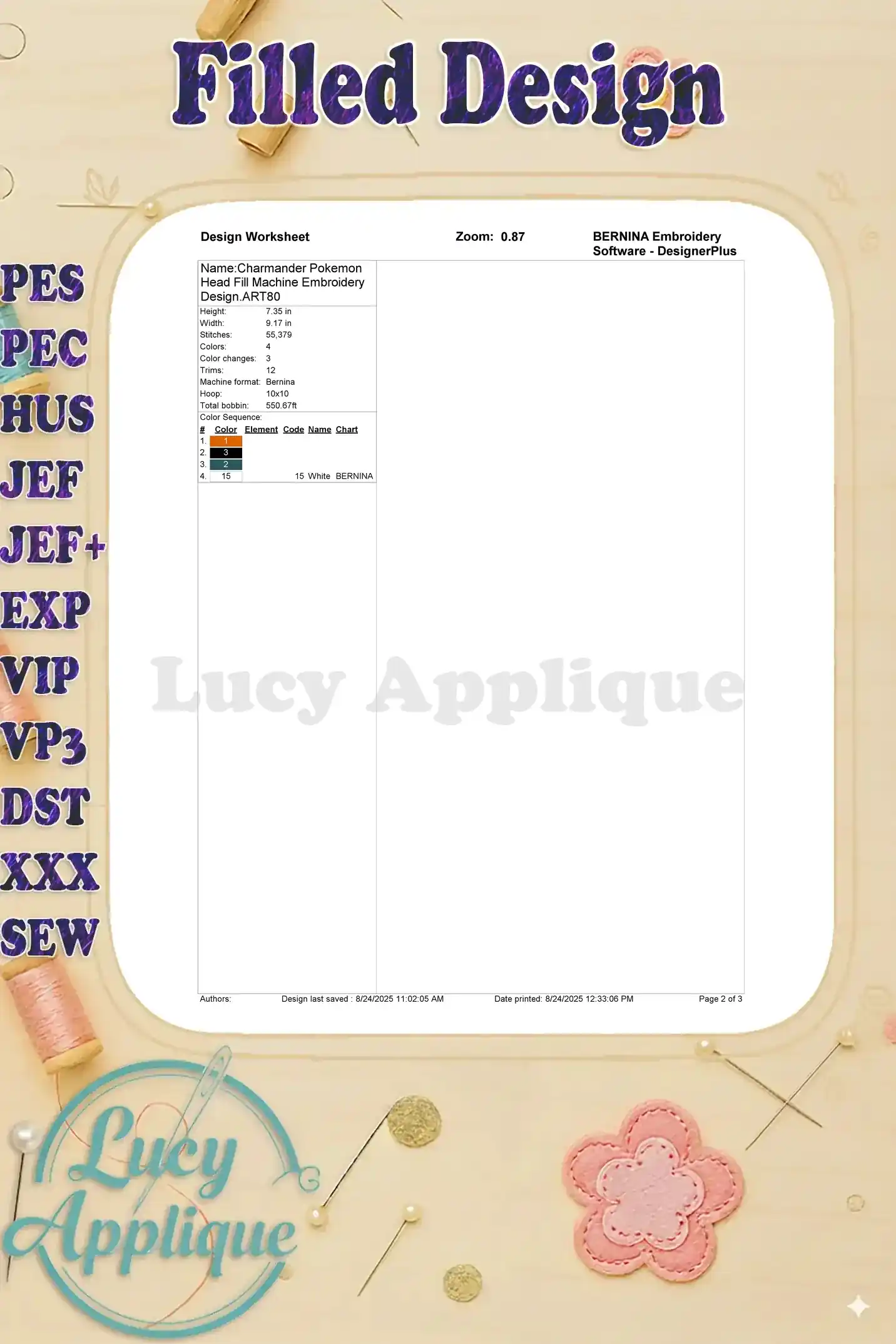 A design worksheet for the Charmander embroidery design, providing details like color chart, stitch count, and design dimensions.