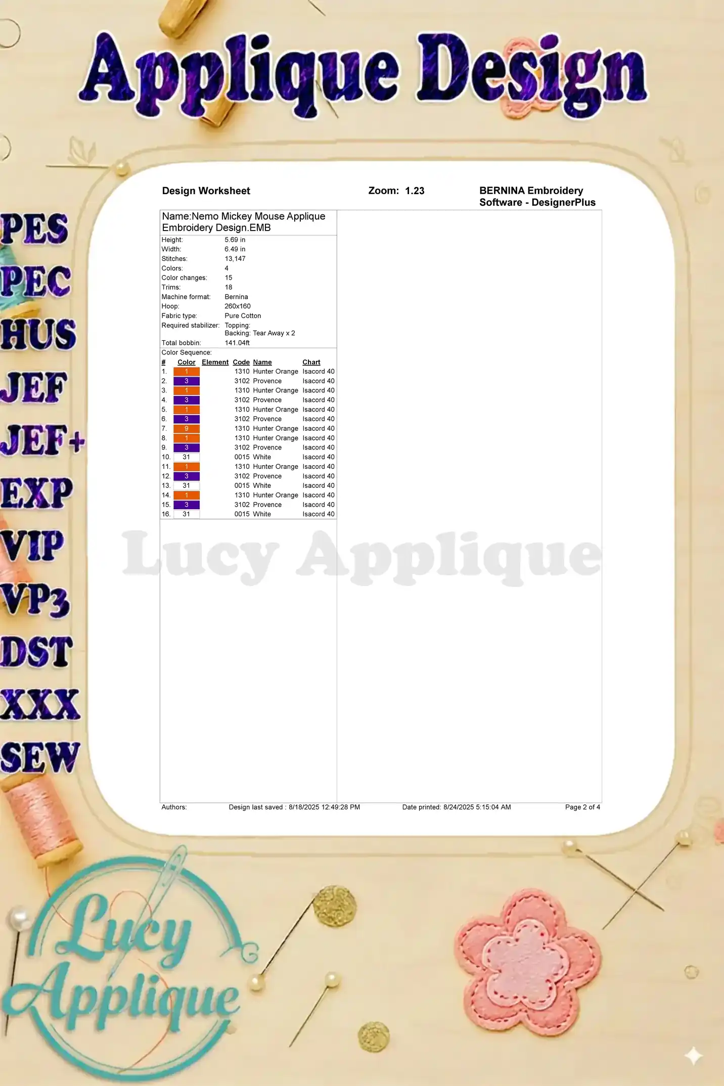 Worksheet providing details for the Nemo Mickey Mouse applique embroidery design, including stitch count, color changes, and thread information.
