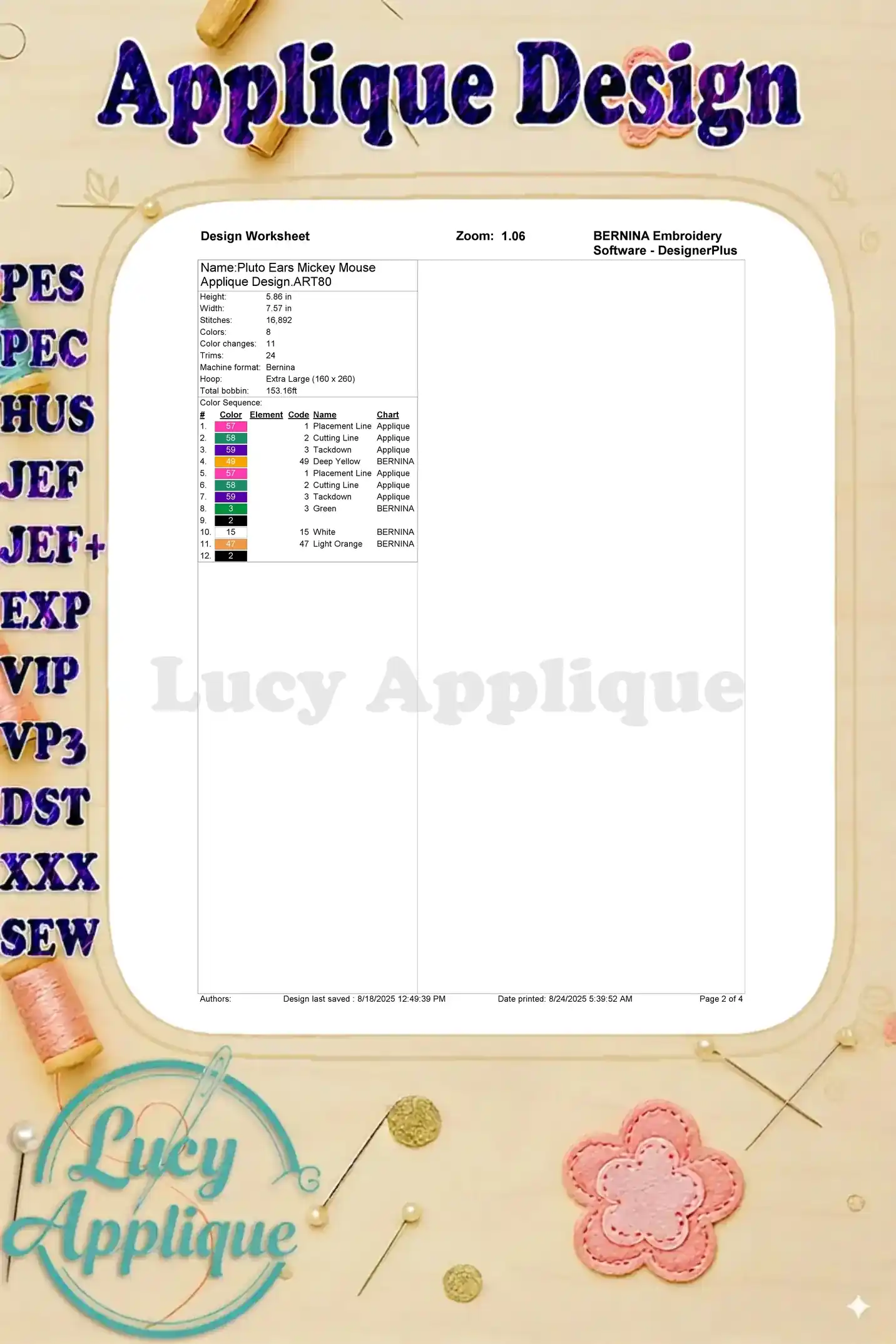 A worksheet showing details of the Pluto Ears Mickey Mouse Applique Design, including stitch count, color changes, and other technical specifications.