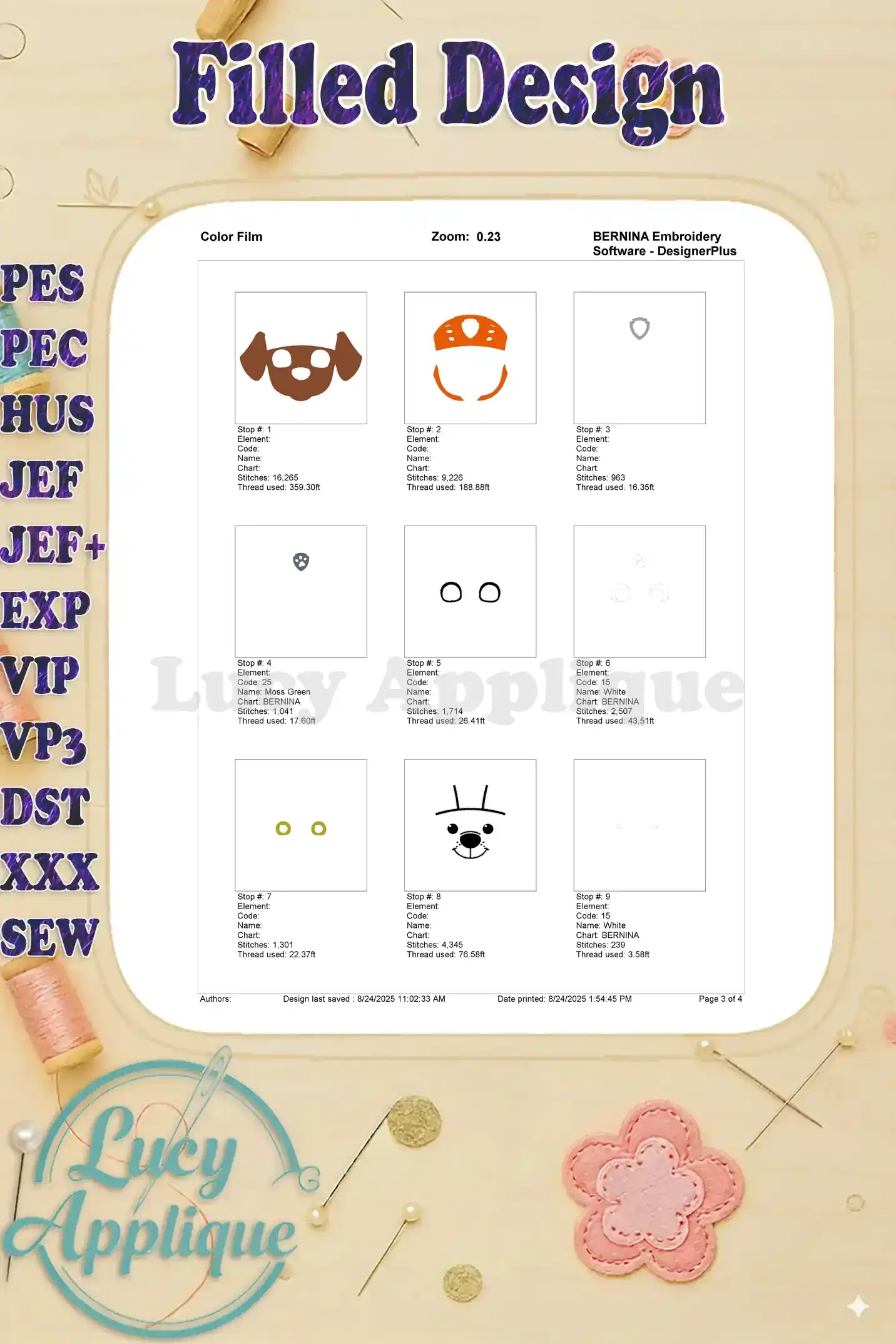 Color film for the Zuma embroidery design, showing individual thread colors and their placement during the stitching process. Helpful for visual guidance.