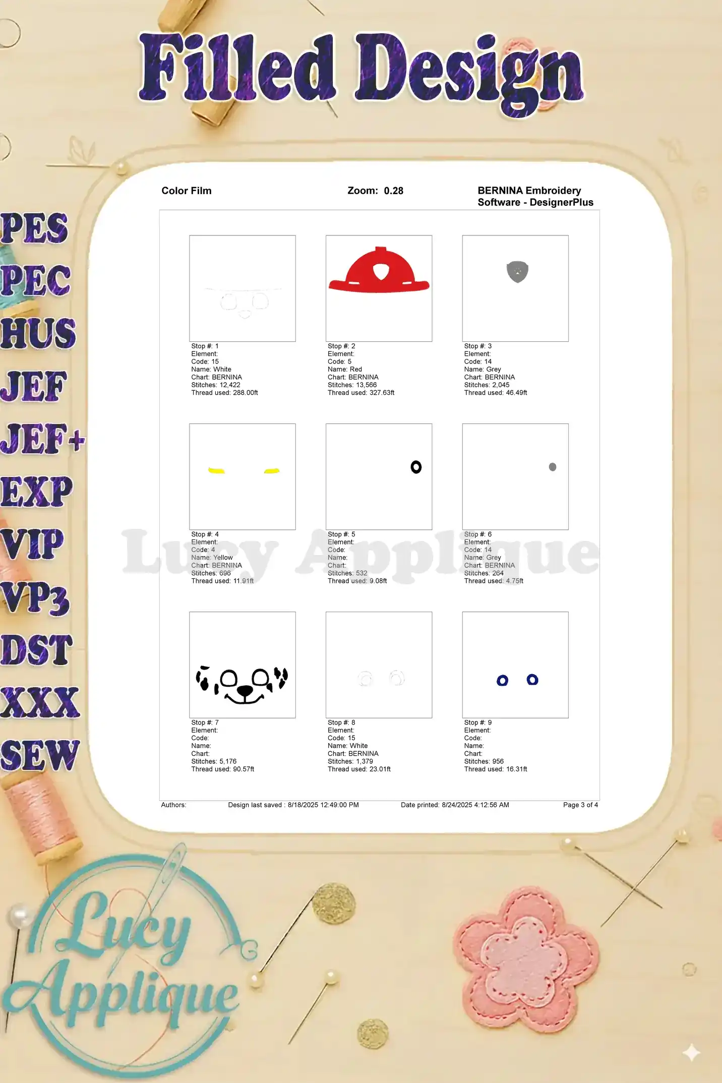 Color film for the Marshall Paw Patrol embroidery design, showing each step and the corresponding thread color. Clear visual guide for stitching.