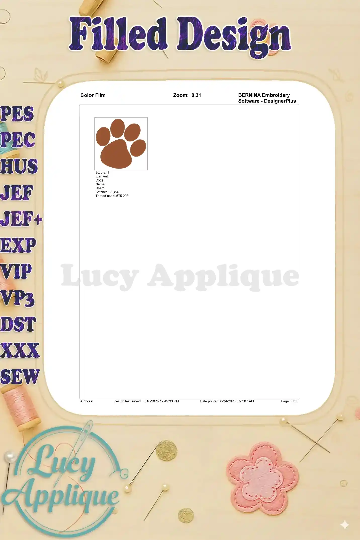 A color film image shows a simplified version of the Paw Patrol paw print embroidery design, highlighting the color scheme and stitch order.