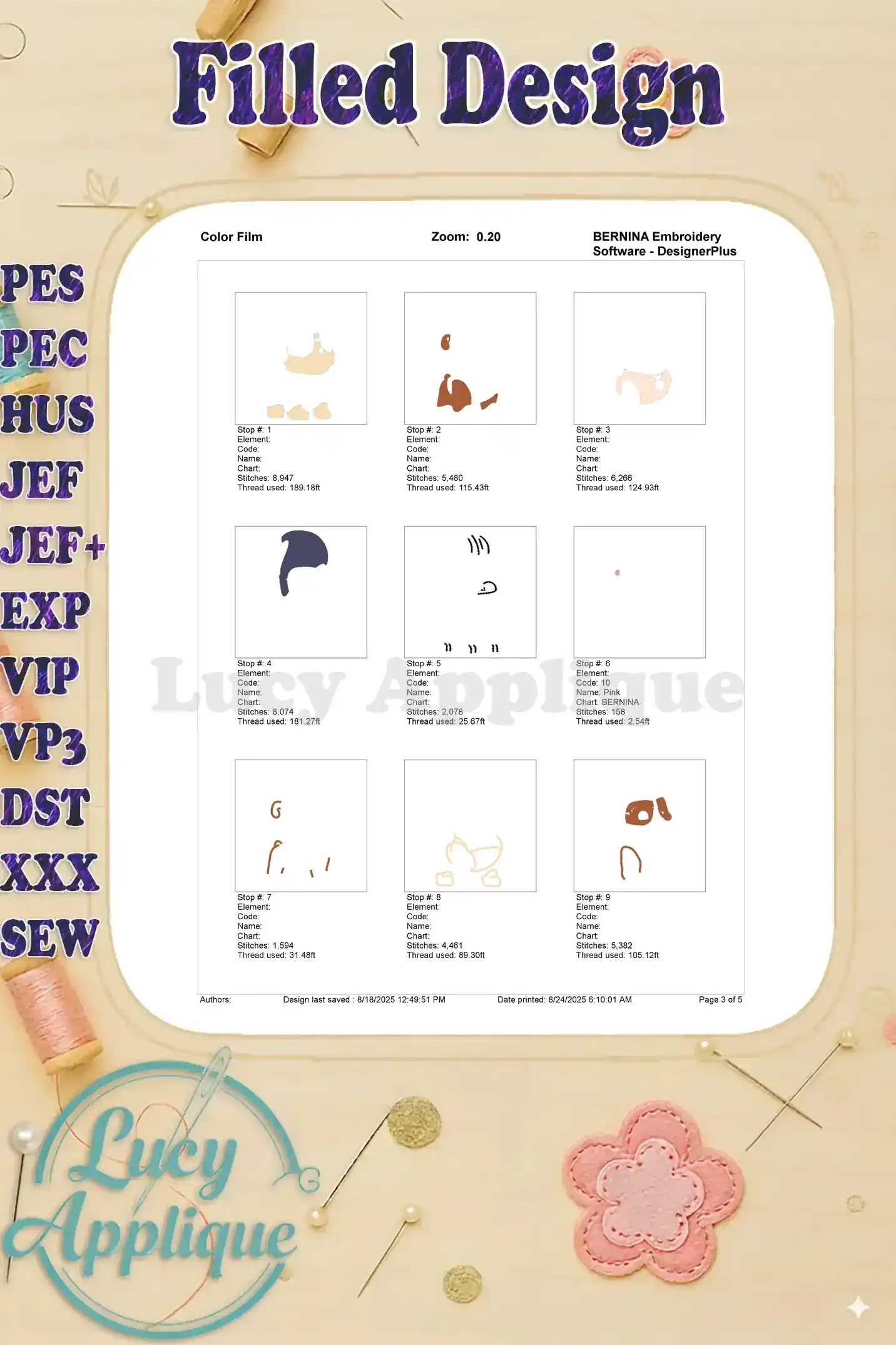 Color film showing the different steps and thread colors used in the Rubble Halloween embroidery design. Helpful for visual learners.