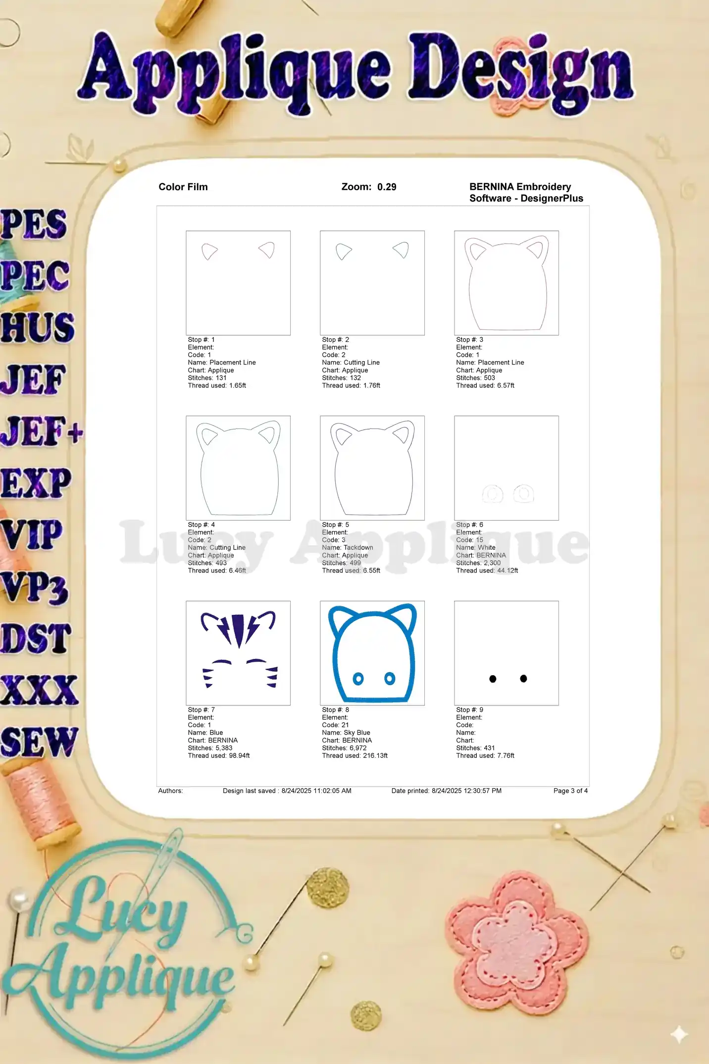 A color film showing the step-by-step process of the Catboy applique embroidery design using various colors and stitch types for a well-defined outcome.