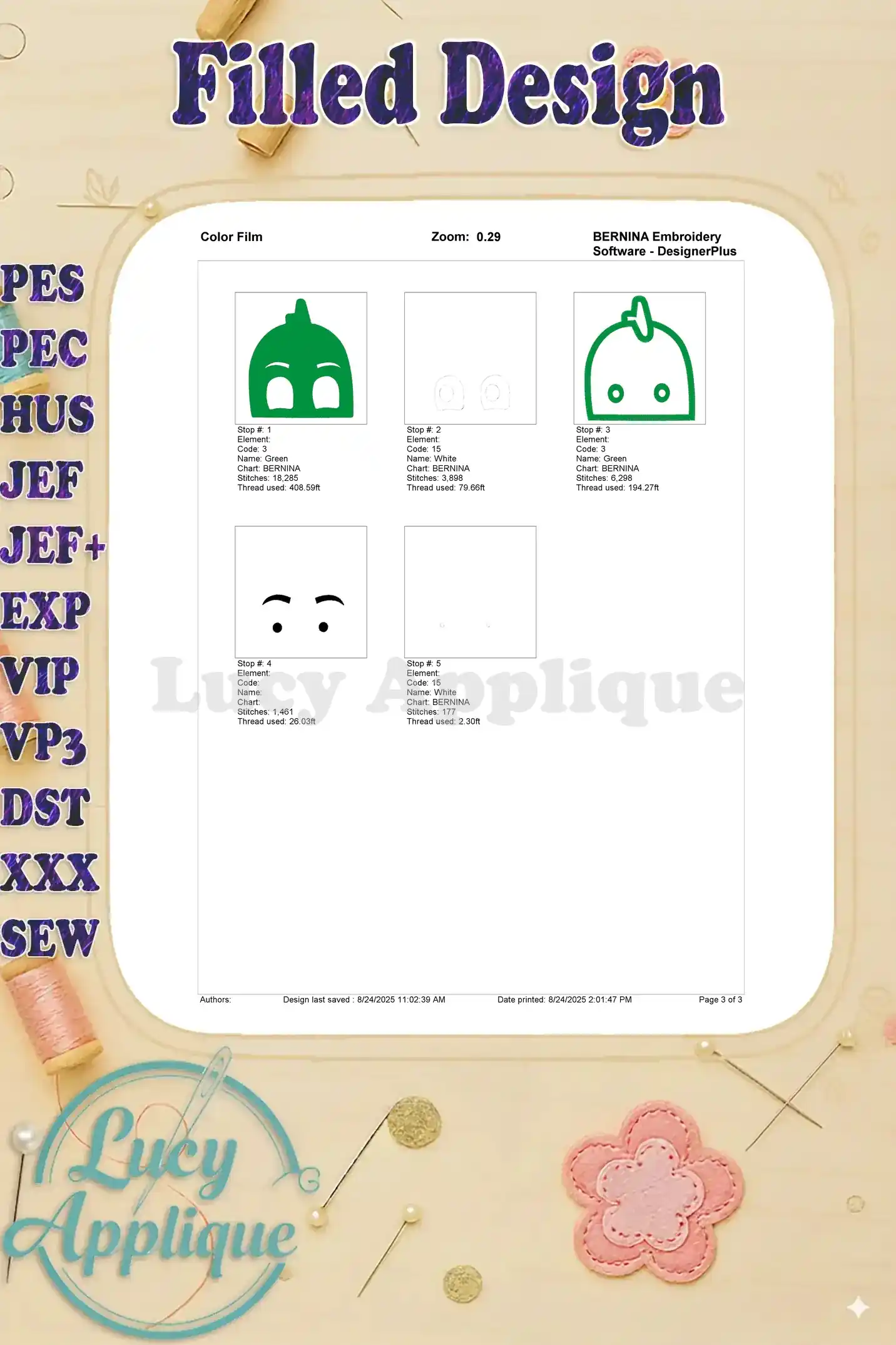 Color film showing thread colors and placement for each step of the Gekko PJ Masks embroidery. Helps users visualize the embroidery process and thread selection.