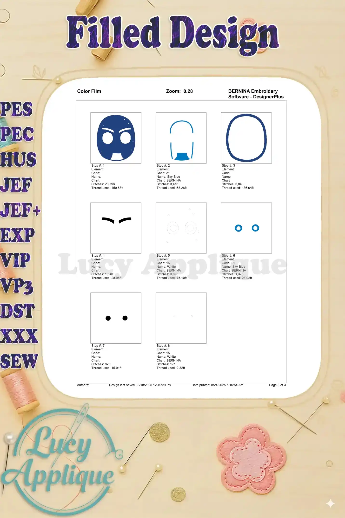 Color film for the Night Ninja PJ Masks embroidery design, showing the thread colors and placement for each step in the embroidery process.