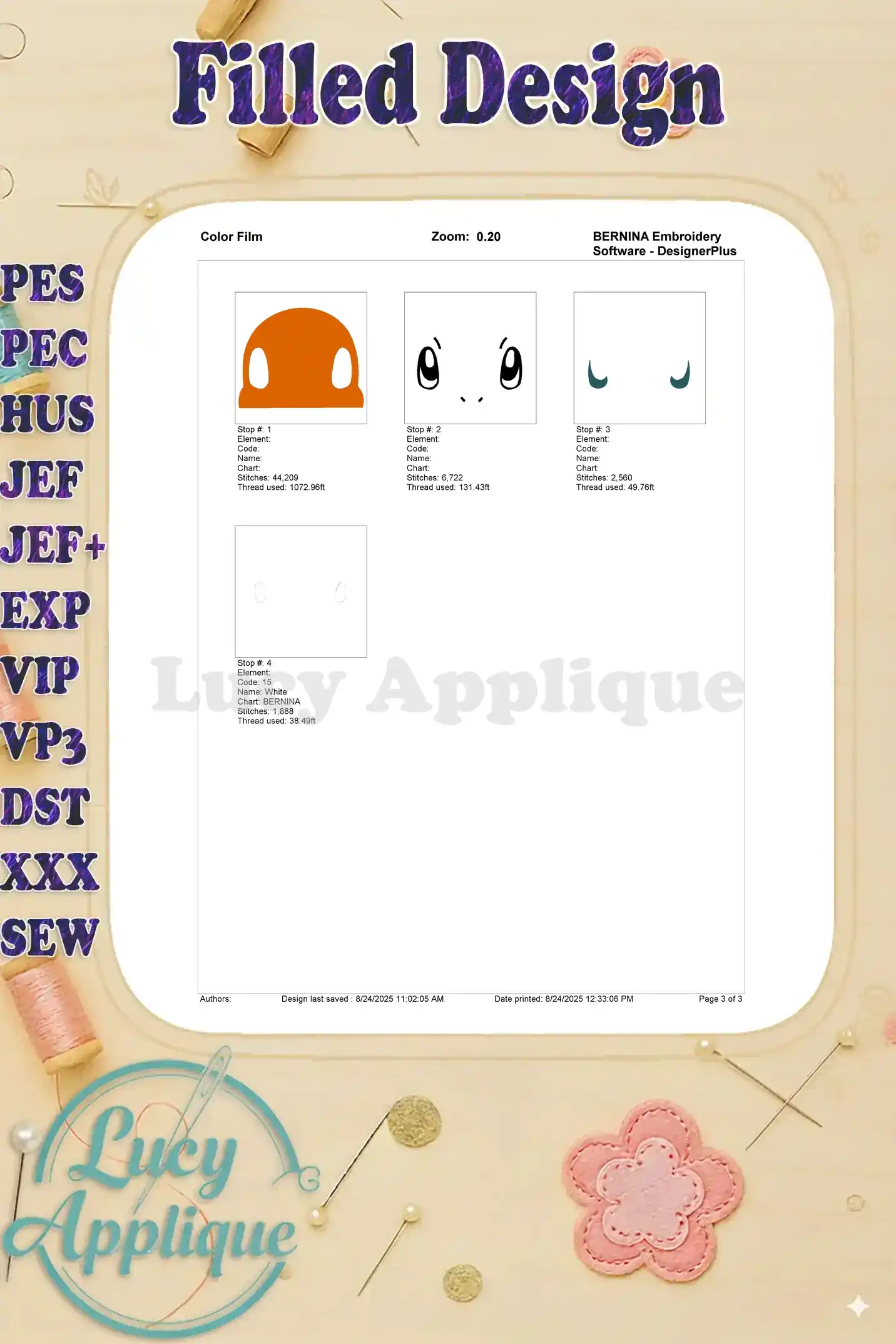 A color film showing the different color sections of the Charmander embroidery design, providing a visual guide for thread selection and placement.