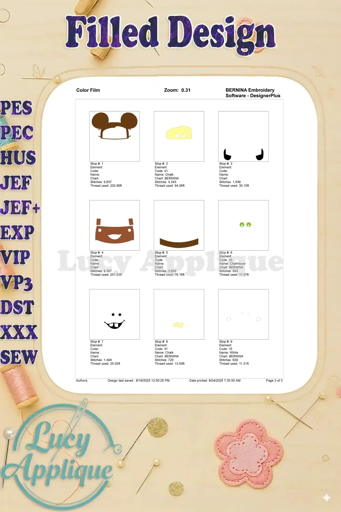 Color film showing thread colors and placement for each step of the Tow Mater embroidery design. Helpful visual guide for stitching.