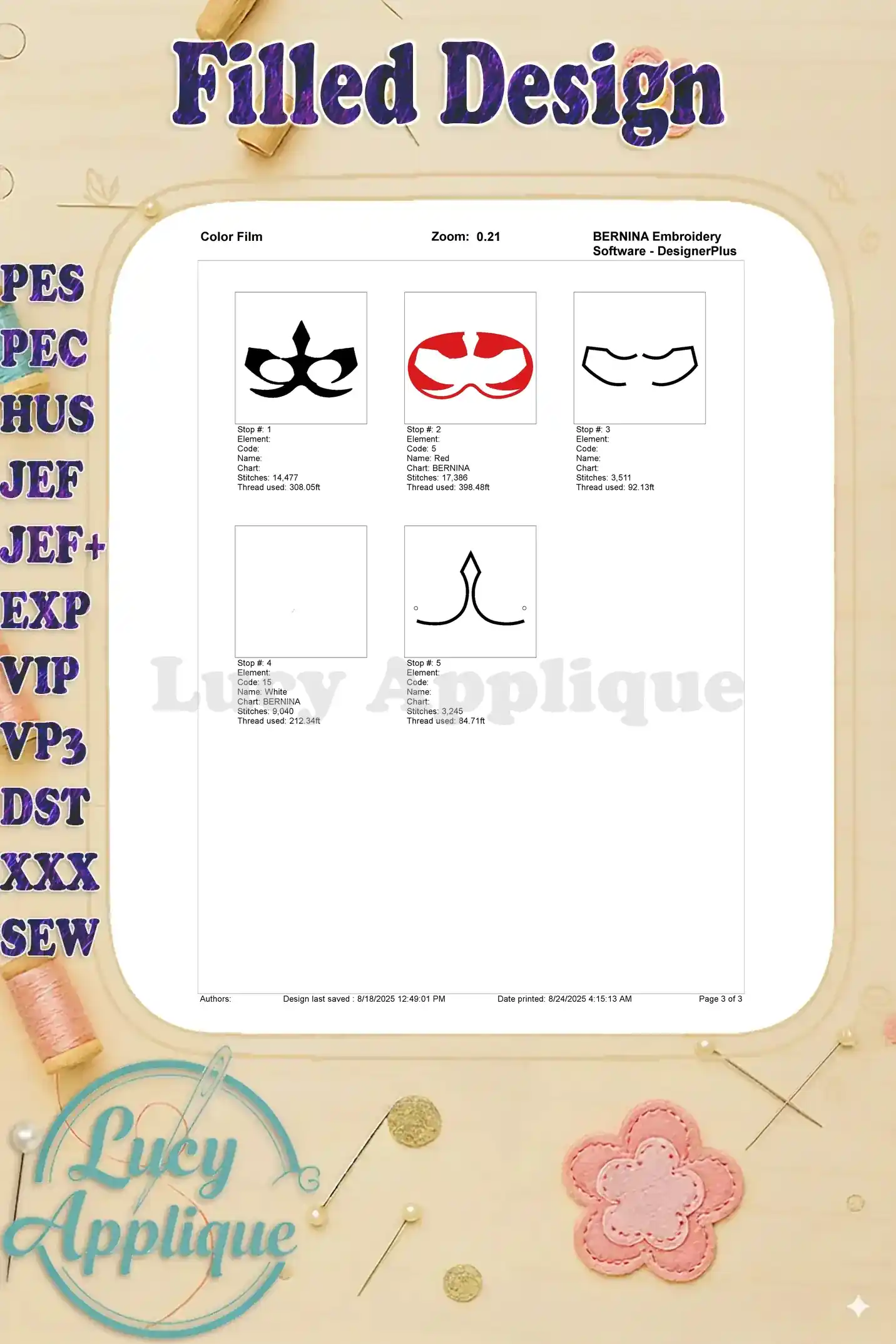 Color film showing thread colors and placement for the Power Rangers Samurai mask embroidery design, ensuring accurate stitching.