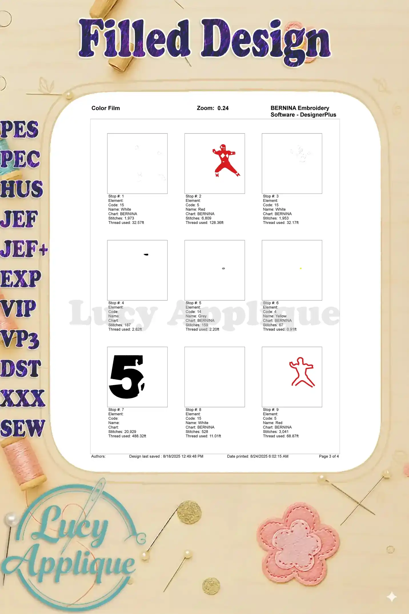 A color film showing step-by-step thread color changes for the Red Power Ranger and number 5 embroidery design.