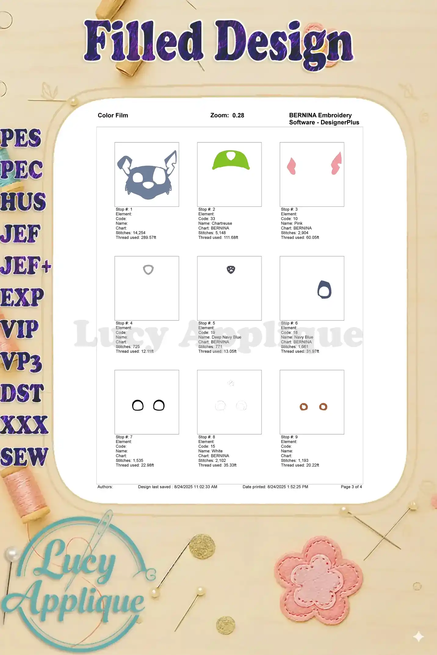Color film for Rocky's embroidery design, showing the different thread colors and their placement on the design, ensuring the correct color scheme is used.