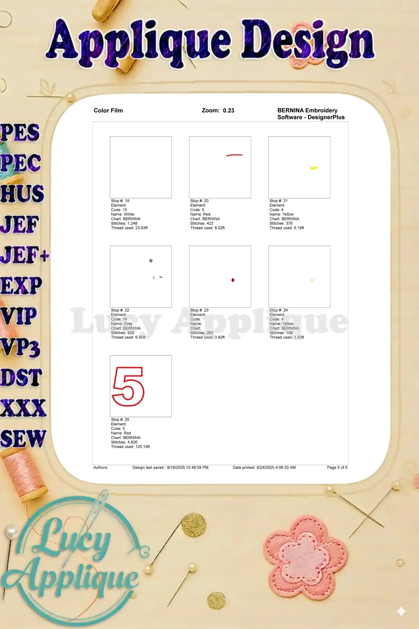 A color film showing the different steps and thread colors involved in creating the embroidery design.
