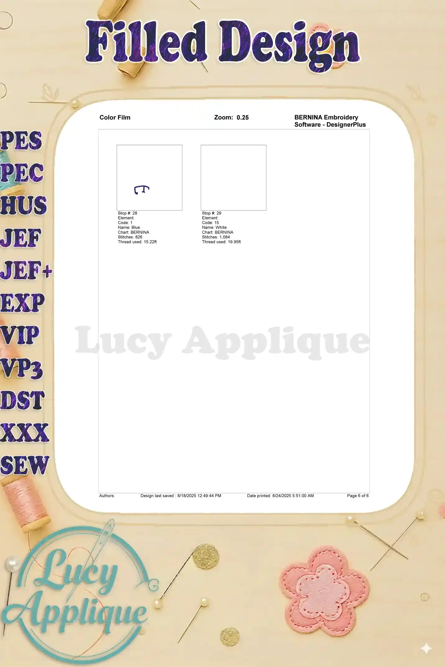 A color chart showing the complete thread color palette used in the embroidery design. This is essential for accurate thread selection.