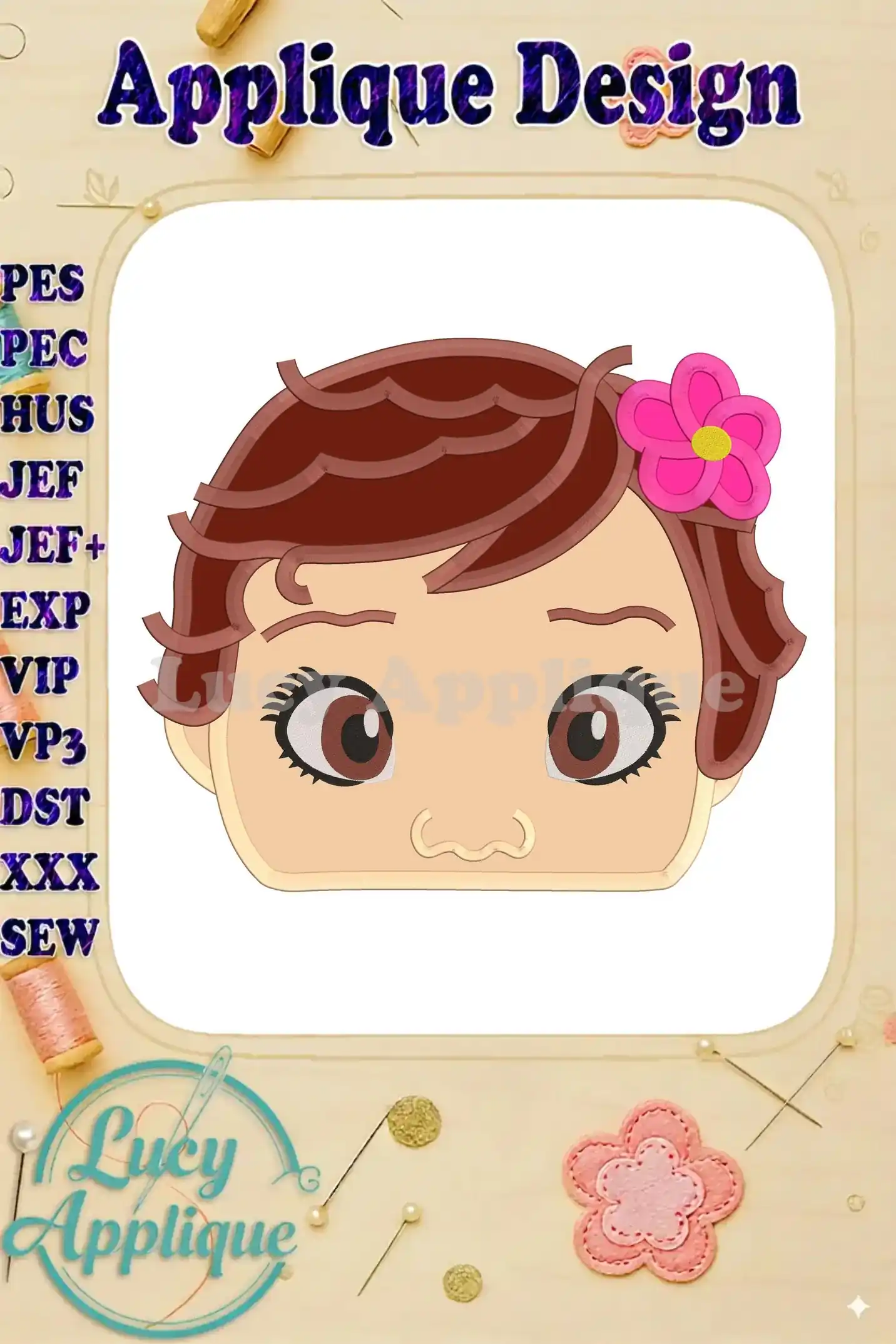 Adorable Baby Moana head applique embroidery design, featuring brown hair and a pink flower. This design is available in multiple formats for various embroidery machines.