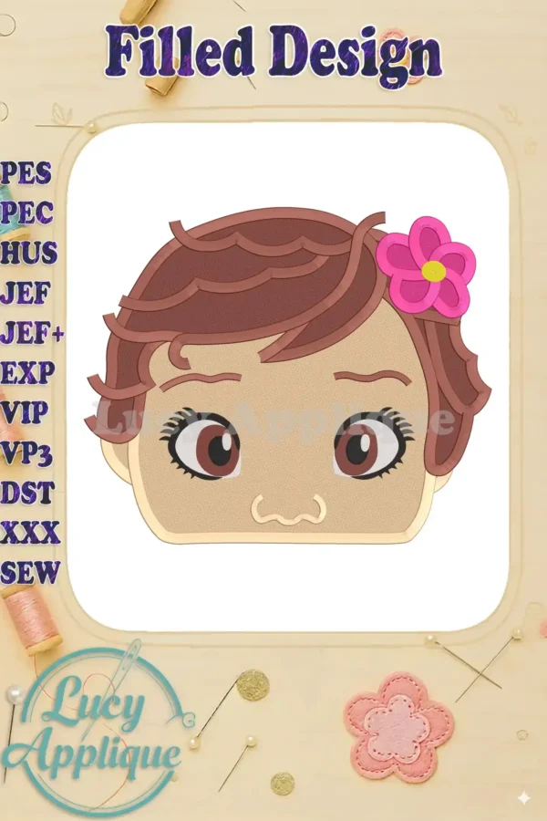 Embroidery design of Baby Moana's head, featuring filled stitches, brown hair, and a pink flower. Various machine embroidery formats are supported.