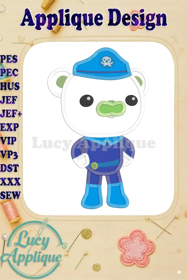 Embroidery design of an Octonauts bear applique. The design shows a white bear in a blue sailor outfit, ready to be stitched.