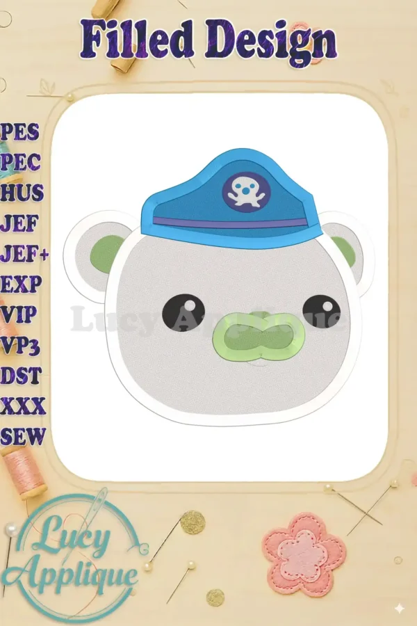 Embroidery design of a cute polar bear from Octonauts wearing a captain's hat, in shades of white, blue, and green. Filled design, perfect for applique.