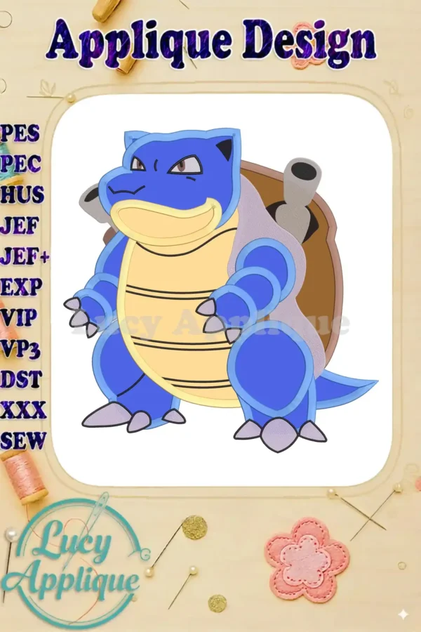 Blastoise Pokemon Applique Embroidery Design. This image showcases a colorful, detailed applique of Blastoise, ready to be stitched. Perfect for Pokemon fans!