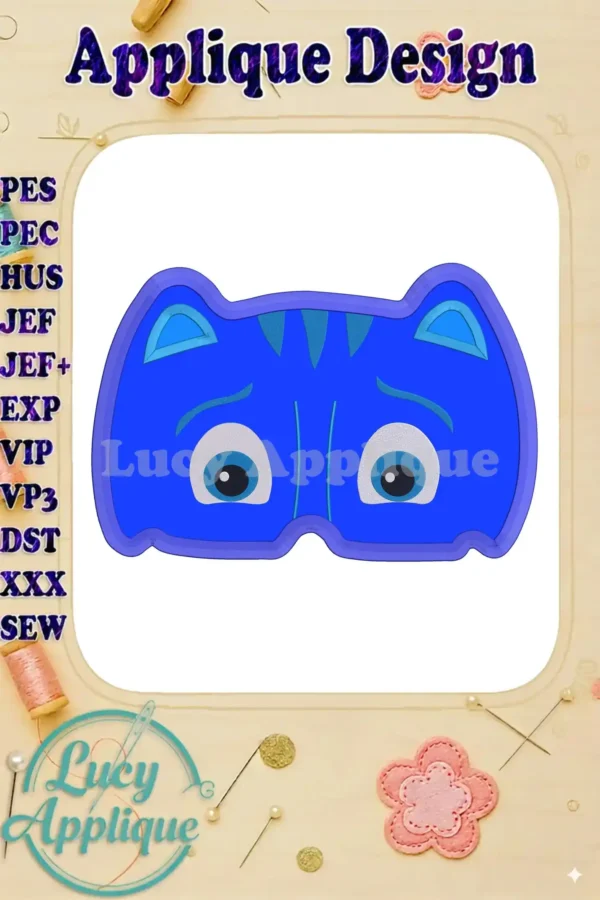 Embroidery design of Catboy from PJ Masks, shown as a blue applique with white highlights. The design is simple yet charming, perfect for adding to kids' clothing or accessories.