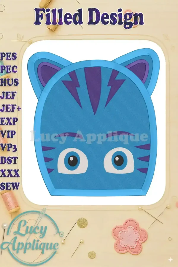 Embroidery design of Catboy from PJ Masks, a filled design with blue, purple, and white, ready to be stitched. Perfect for kids' clothing and accessories.