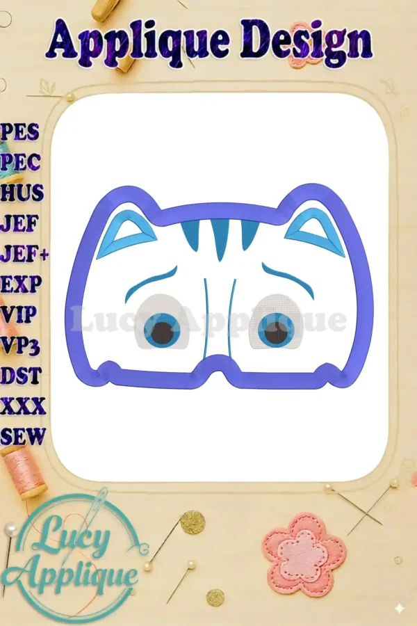 Catboy Pj Masks applique embroidery design. A cute, simplified Catboy face, ready to be stitched. Includes various file formats for different machines.