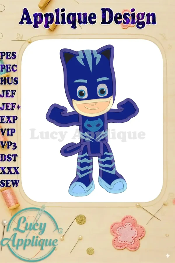 Embroidery design of Catboy from PJ Masks, ready to be stitched. The design shows Catboy in his signature pose with his iconic features.