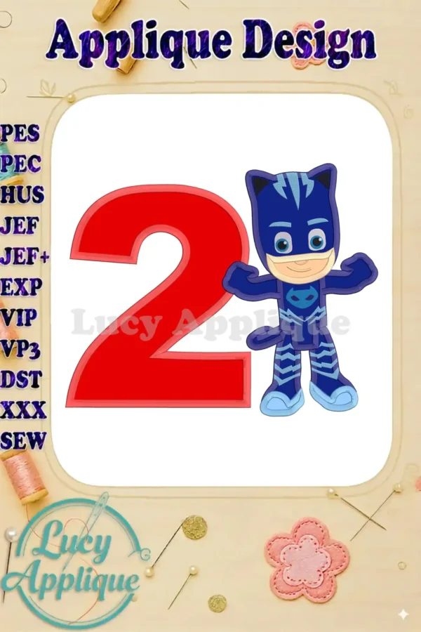 Embroidery design featuring Catboy from PJ Masks, celebrating a 2nd birthday with a large number 2 and detailed applique character.