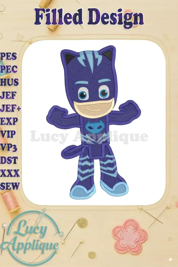 A filled machine embroidery design of Catboy from PJ Masks, showcasing vibrant colors and intricate details. Perfect for adding a superhero touch to your projects!