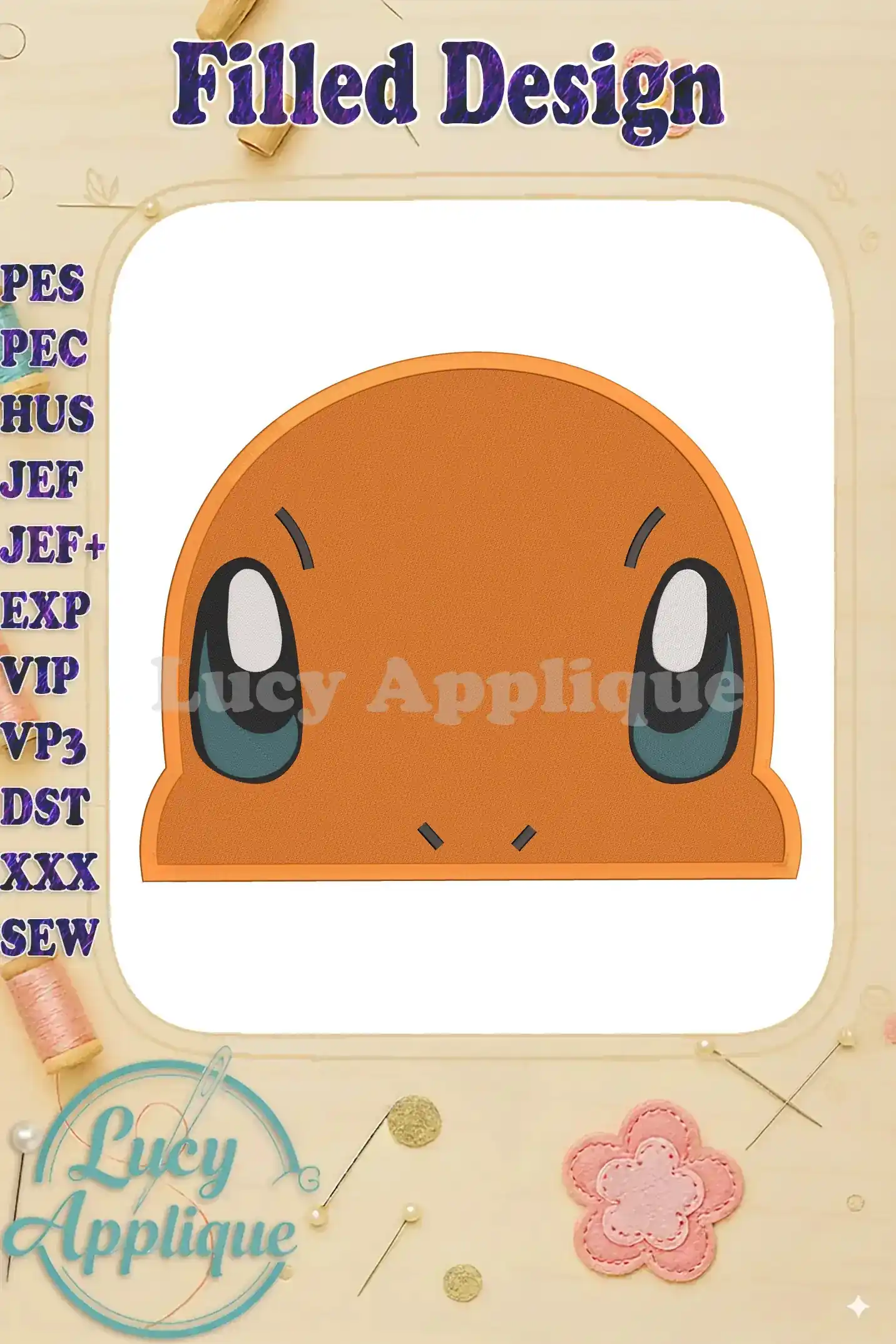 A charming machine embroidery design of Charmander's face, featuring filled stitches and vibrant colors, ready to be stitched onto various fabrics.