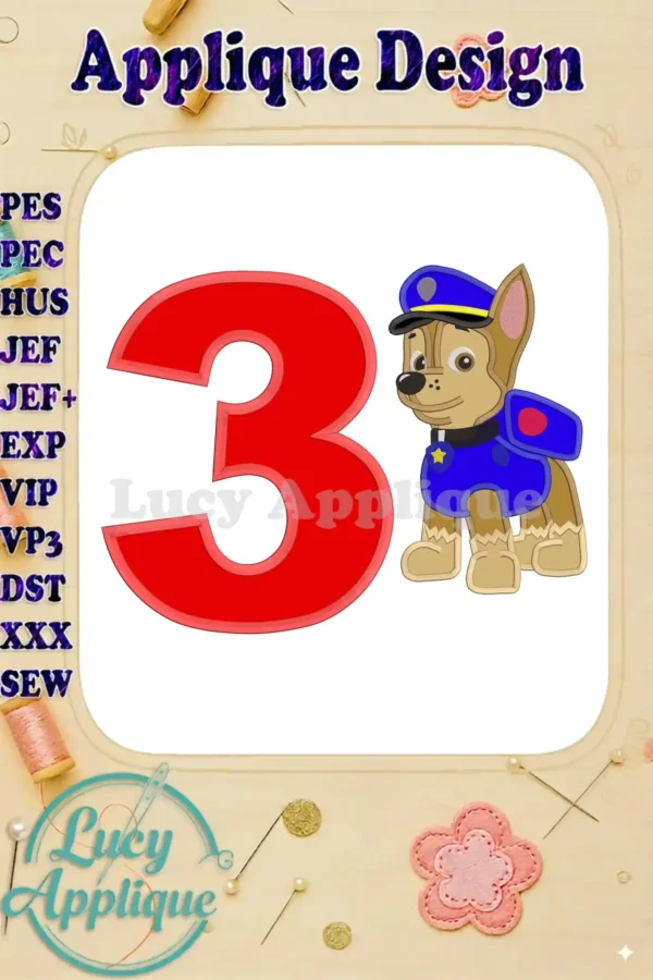 Embroidery design featuring Chase from Paw Patrol and the number 3, perfect for a 3rd birthday party. The design includes applique elements and is shown in a digital format.