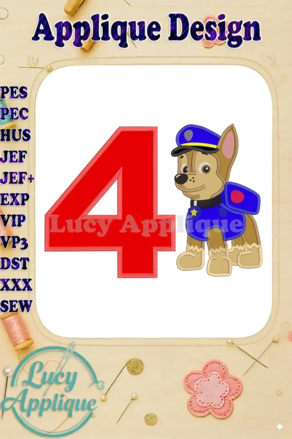 Embroidery design featuring Chase from Paw Patrol, a number 4, suitable for a 4th birthday. Applique design in red and blue, with detailed stitches.
