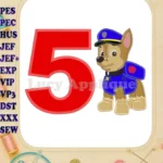 Chase Paw Patrol Birthday Number 5 Applique Design - Instant Download